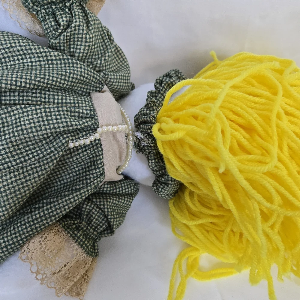 Vtg Inspired‎ Handmade Jointed Fabric Doll Green Gingham Dress Yellow Yarn Hair